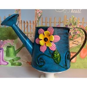 Spring Summer Blue Floral Metal Watering Can Decor